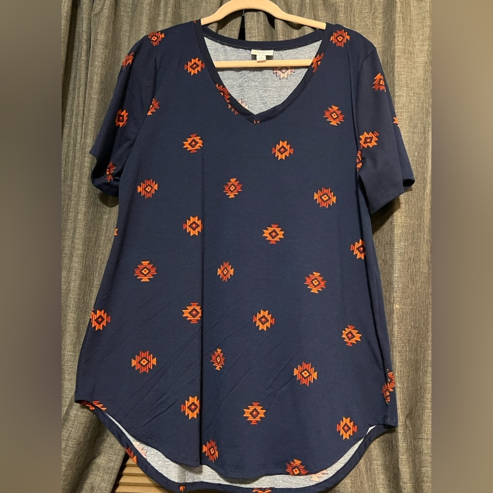 LuLaRoe New Navy Top with Orange Geometric Design